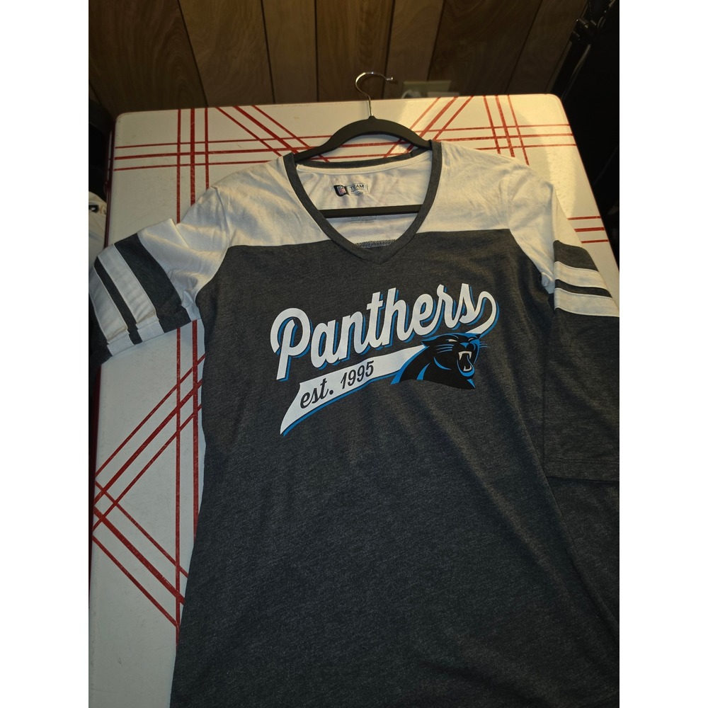 NFL Team Apparel Carolina Panthers Womens V-Neck Graphic Tee Grey White Small
